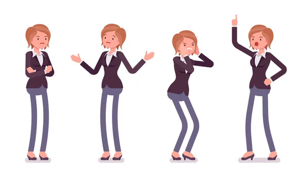 Conjunto de gestora joven mostrando emociones negativas, diferentes poses — Vector de stock