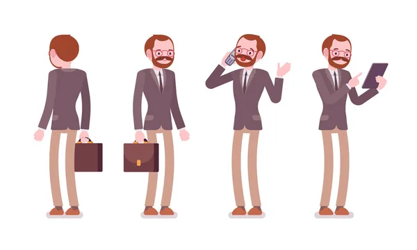 Conjunto de profesor masculino en poses de pie, trasera, vista frontal — Vector de stock