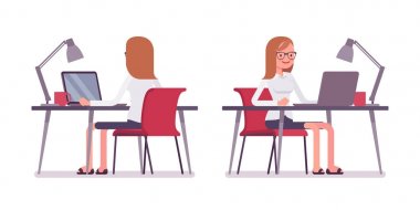 Dizüstü bilgisayar, arka ve ön görünüm çalışan genç kadın katip