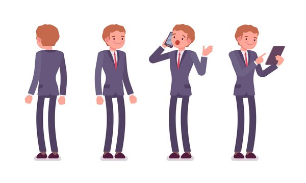Set of businessmen in standing poses, rear and front view