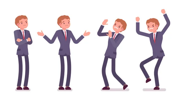 Conjunto de jóvenes hombres de negocios de pie mostrando emociones negativas, diferentes poses — Vector de stock