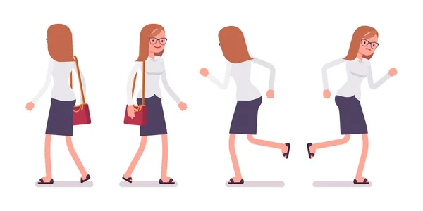 Ensemble de commis femmes dans les poses marche et course, arrière, vue de face — Image vectorielle