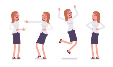 Genç kadın memuru Önden Görünüm pozitif duygular gösterilen kümesi