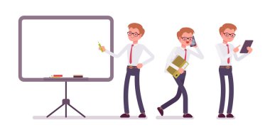 Genç erkek katip ofis sahneleri, ayakta pozlar ayarla