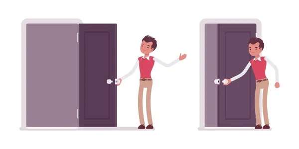 Ensemble de jeunes employés de bureau masculins ouvrant la porte et fermant — Image vectorielle