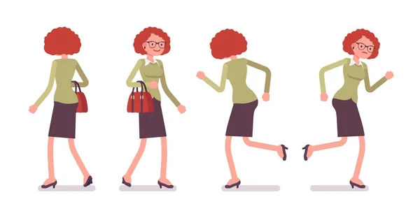 Conjunto de trabajadora de oficina joven en poses para caminar y correr — Vector de stock