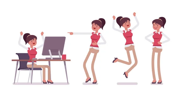 Uppsättning av unga kvinnliga kontorsarbetare som visar positiva känslor — Stock vektor