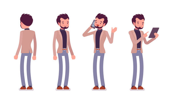 Set of young dandy in standing poses, rear, front view