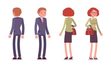 Erkek ve kadın Ofis çalışanları ayakta, ön arka, dizi