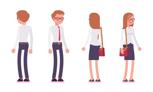 Conjunto de escriturário masculino e feminino em pé, traseira, vista frontal —  Vetores de Stock