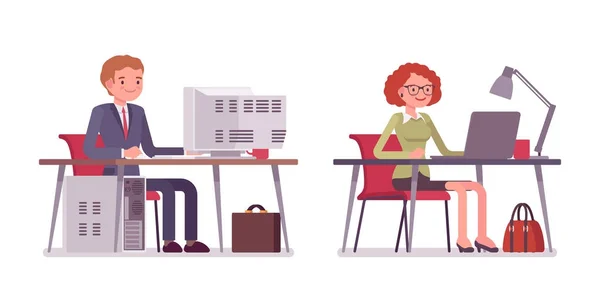 Zestaw pracowników płci męskiej i żeńskiej urzędu, siedząc przy komputerze — Wektor stockowy