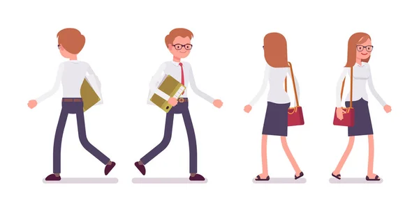 Conjunto de pasajero masculino y femenino caminando, trasero, vista frontal — Vector de stock