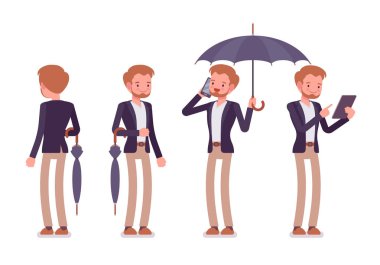 Genç mutlu züppe ayakta, arka ve ön görünüm