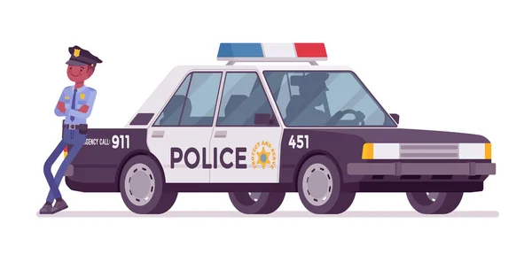 Policial perto de carro de patrulha — Vetor de Stock