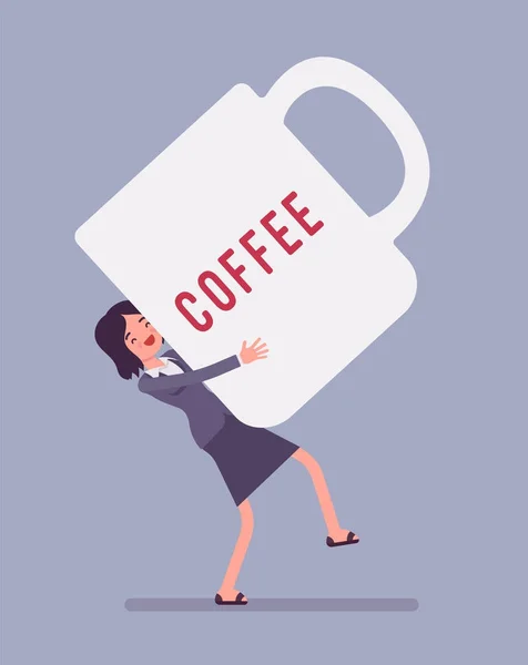 Mujer llevando taza de café gigante — Vector de stock