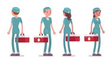 Erkek ve kadın hemşire ayakta, ön, arka görüş