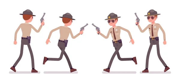 Sheriff masculino caminando y corriendo con pistola — Vector de stock