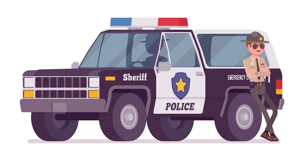 Sheriff masculino de pie cerca del coche — Vector de stock