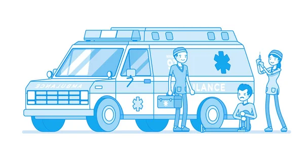 Médicos cerca del coche ambulancia — Vector de stock
