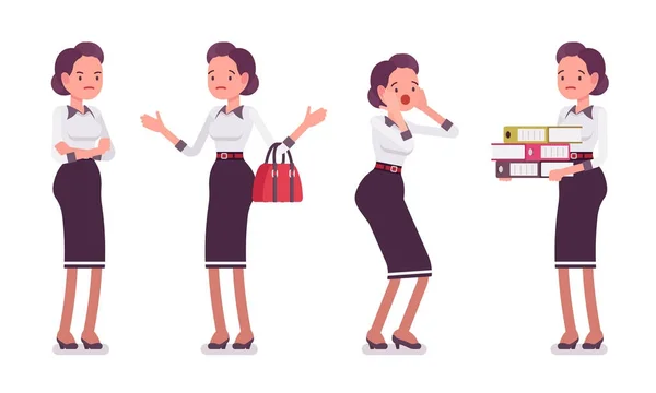 Conjunto de secretaria atractiva joven mostrando emociones negativas — Vector de stock