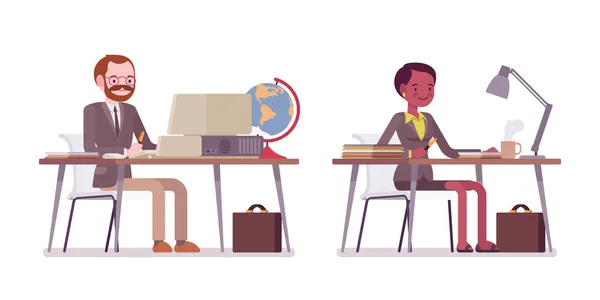 Männliche und weibliche Lehrer sitzen am Schreibtisch — Stockvektor