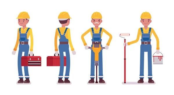 Set of male worker with tools, rear and front view — Stock Vector