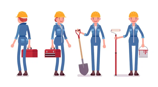 Set of female worker with tools, rear and front view — Stock Vector