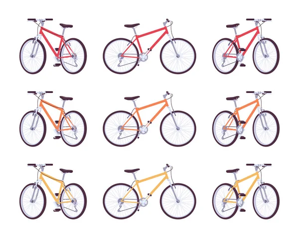 Conjunto de bicicletas esportivas em vermelho, laranja, cores amarelas — Vetor de Stock