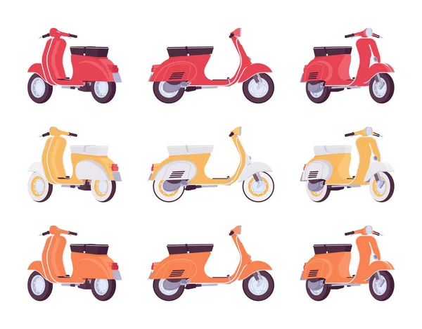 Ensemble de scooters en rouge, jaune, orange — Image vectorielle