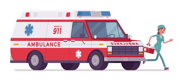 Жінка-медсестра в машині швидкої допомоги — стоковий вектор
