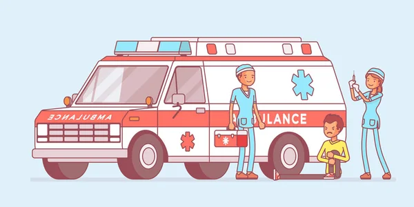 Лікарі біля автомобіля швидкої допомоги — стоковий вектор