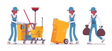 Male janitor cleaning, taking out the trash clipart