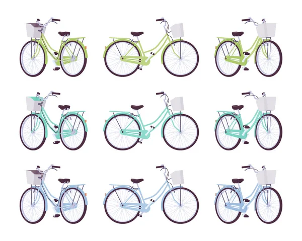 Σετ γυναικεία ποδήλατα με το καλάθι στο πράσινο, τιρκουάζ και μπλε χρώματα — Διανυσματικό Αρχείο