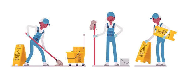 Homme concierge nettoyer le sol — Image vectorielle