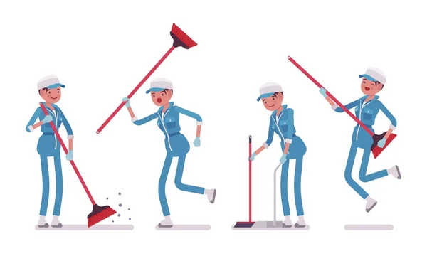 Female janitor sweeping the floor with a broom — Stock Vector