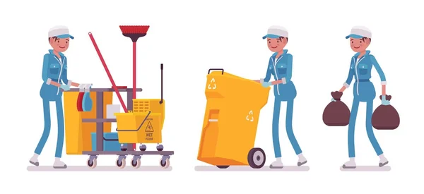 Femme concierge nettoyage, sortir les ordures — Image vectorielle