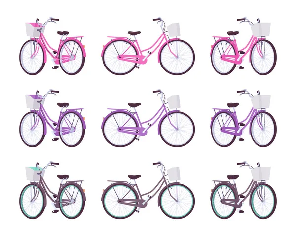 Σετ γυναικεία ποδήλατα με καλάθι σε χρώματα ροζ, μωβ, μαύρο — Διανυσματικό Αρχείο