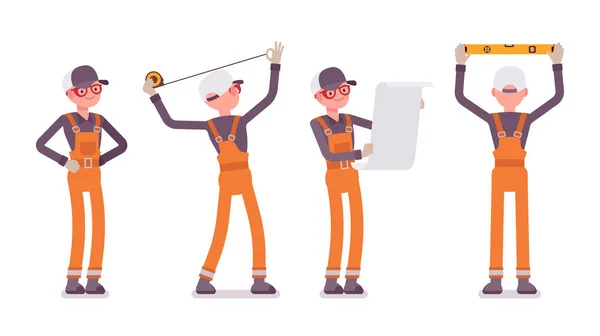 Σύνολο άνδρας εργαζόμενος σε πορτοκαλί συνολική κάνει μέτρηση και προγραμματισμός — Διανυσματικό Αρχείο