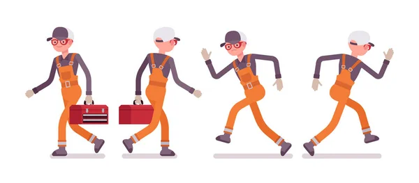 Aantal mannelijke werknemer in oranje slijtage, wandelen, lopen, achter- en vooraanzicht — Stockvector