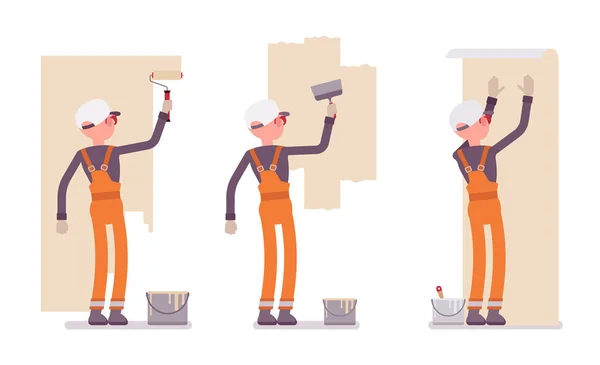 Aantal mannelijke werknemer in oranje algemene werken met muren binnen — Stockvector