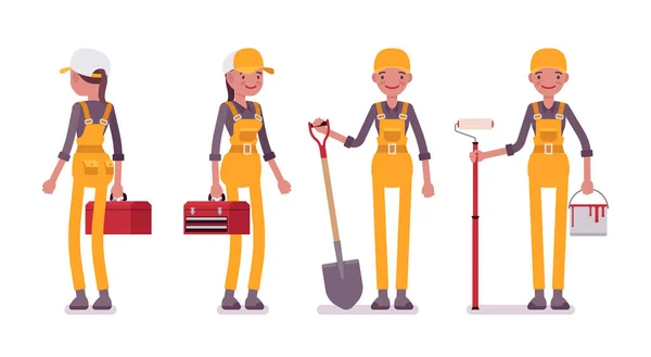 Parlak sarı genel kadın profesyonel meşgul işçi — Stok Vektör