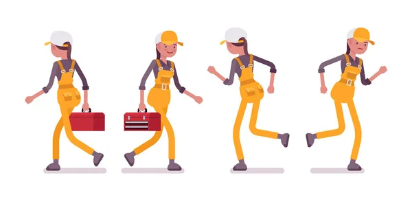 Conjunto de trabajadora en desgaste amarillo, caminar, correr, vista trasera y delantera — Vector de stock