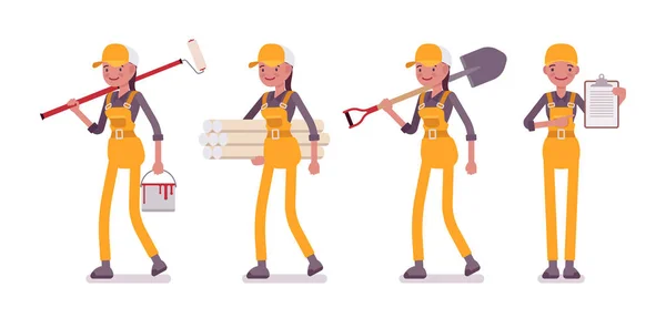 Zestaw kobiece pracownika w żółty ogólnej z różnych narzędzi — Wektor stockowy