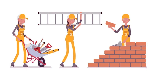 Zestaw pracownik budowlany kobiet w ogólnej żółty — Wektor stockowy