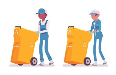 Set of male and female janitor pushing trash can clipart