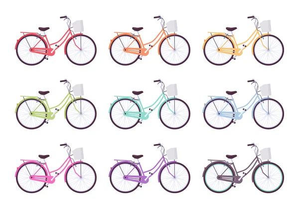 Ensemble de bicyclettes féminines en différentes couleurs — Image vectorielle