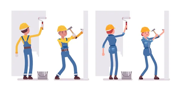 Σύνολο των αρσενικών και θηλυκών εργαζόμενος που εργάζεται με τους τοίχους — Διανυσματικό Αρχείο