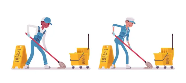 Set of male and female janitor mopping — Stock Vector