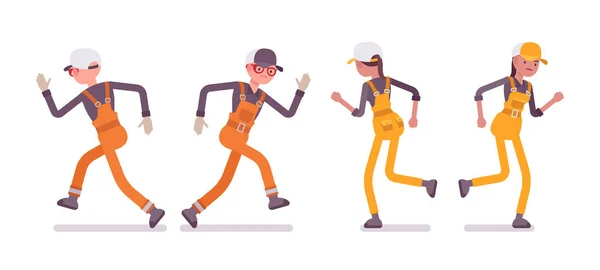 Ensemble de travailleurs masculins et féminins courant portant globalement lumineux — Image vectorielle