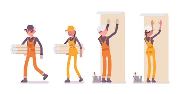全体的に明るい身に着けている壁紙、男性と女性の労働者のセット — ストックベクタ